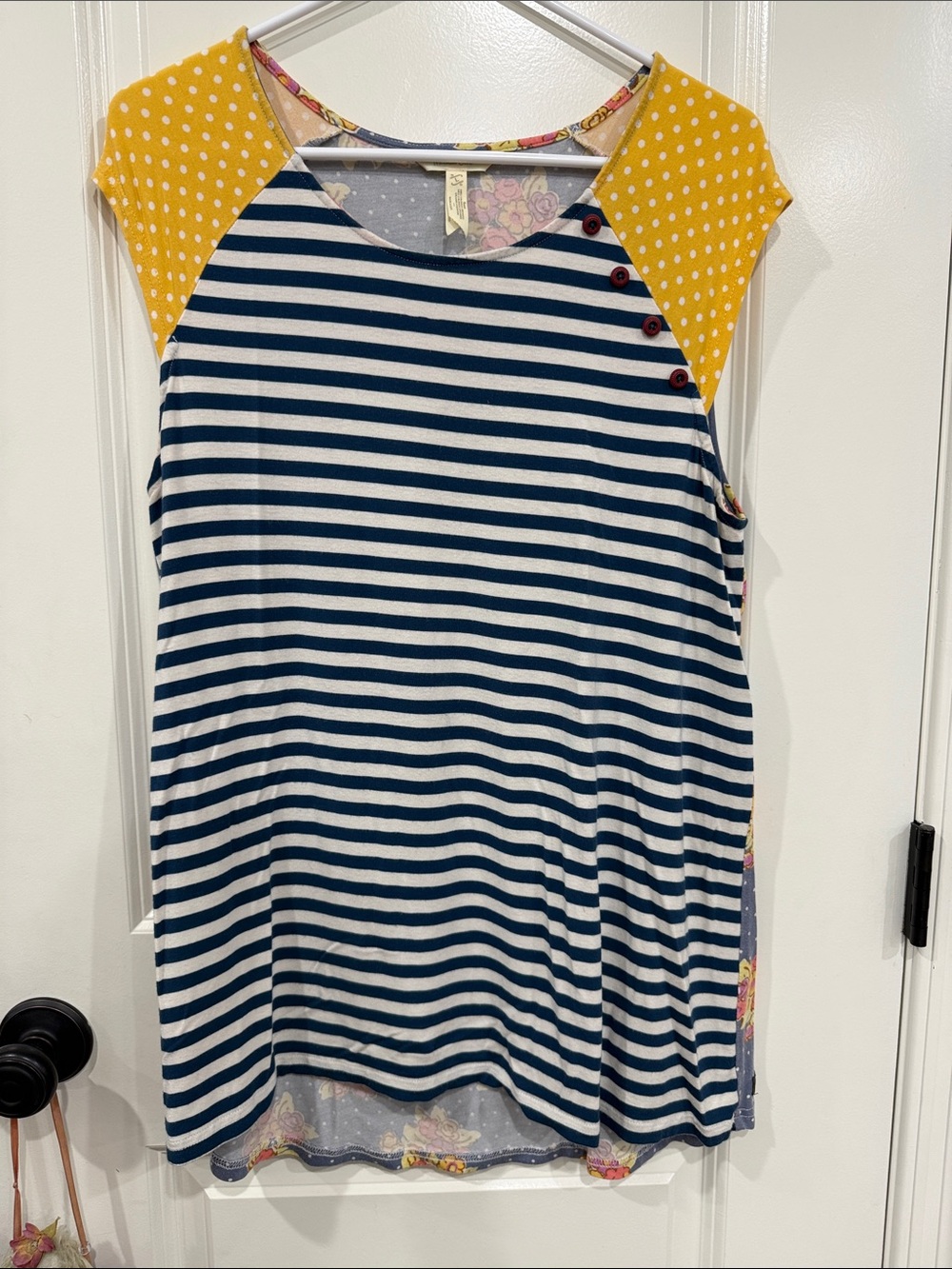 Matilda Jane Navy & White Striped Tee with Yellow Polka Dot Shoulders